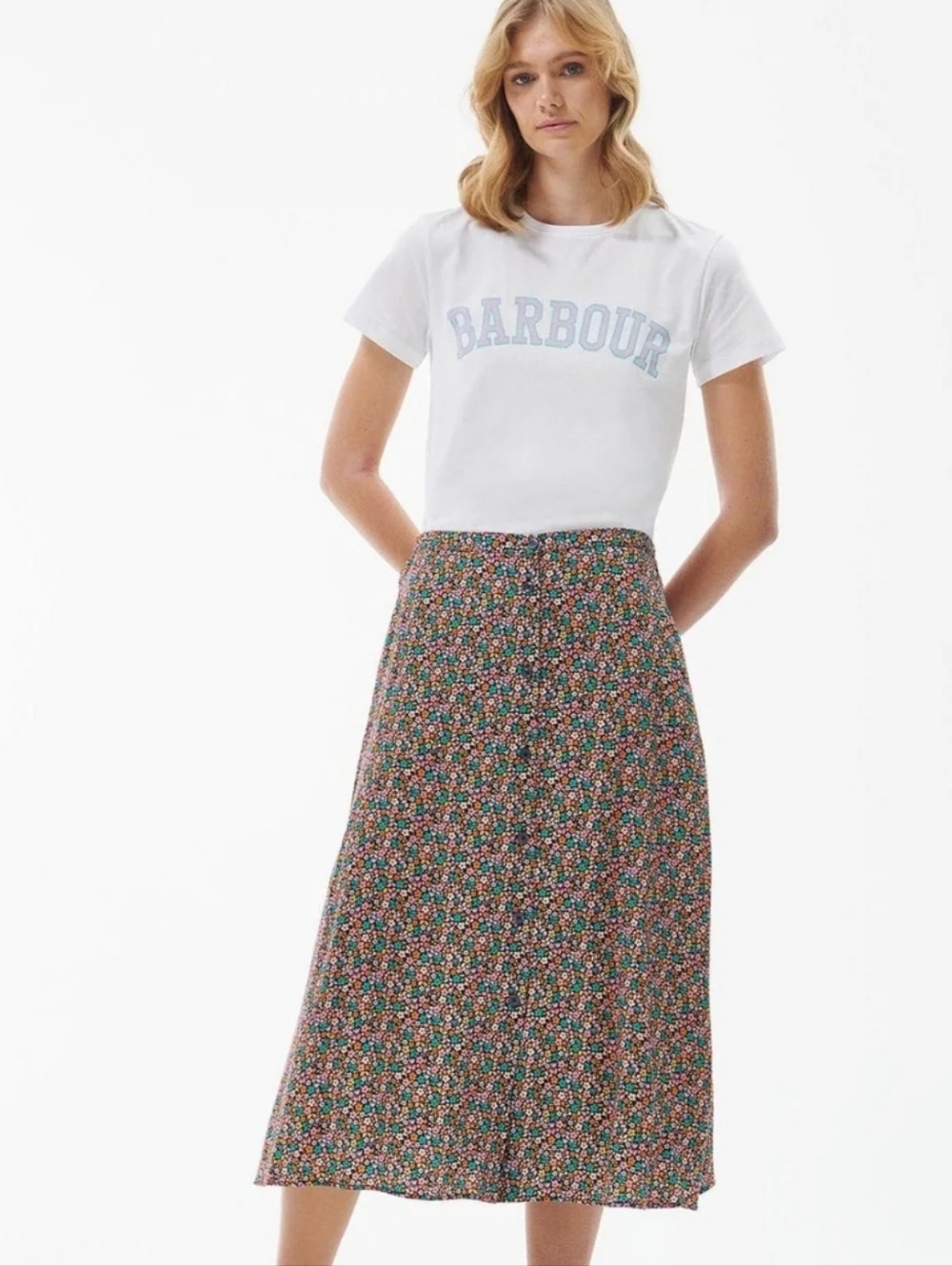 Barbour Anglesey Floral Midi Skirt Lyocell Button Front Elastic Waist Size 6